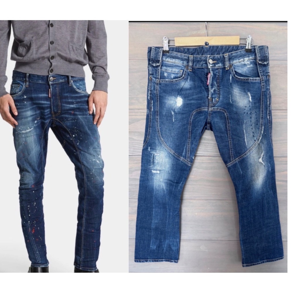 Dsquared2 Medium Easy Wash Tidy Biker Jeans Blue Distressed Panelled Mens 44‎